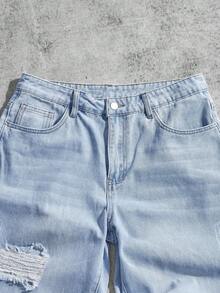 Manfinity EMRG 男士破洞牛仔裤，带口袋，磨边牛仔裤，纯色长款宽松破洞浅蓝色工装牛仔裤，适合送给丈夫、男朋友的礼物 - 淺色水洗藍 - 查看 4