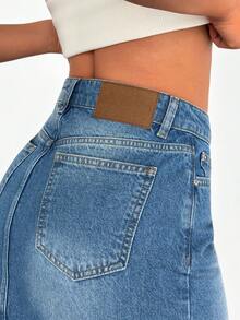 EURMUSE 女士休闲日常水洗牛仔不对称口袋A字裙，夏季 - 中等水洗藍 - 查看 2