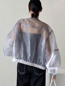 FRIFUL Women's Round Neck Sheer Petal Sleeve Loose Casual Jacket - Grey - View 4