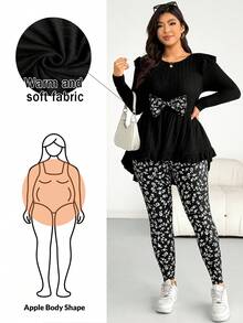 Shapeblank Plus-Size Women's/Fashion Casual Stretchy Comfortable Everyday Slimming Bow-Tie Black Waist-Cinching Long-Sleeved Top And Black And White Floral Print Leggings Two Pieces Set Outfits,Curve Cute Clothes,Pants Set Spring Slim Fit Set For Women - Black - View 1