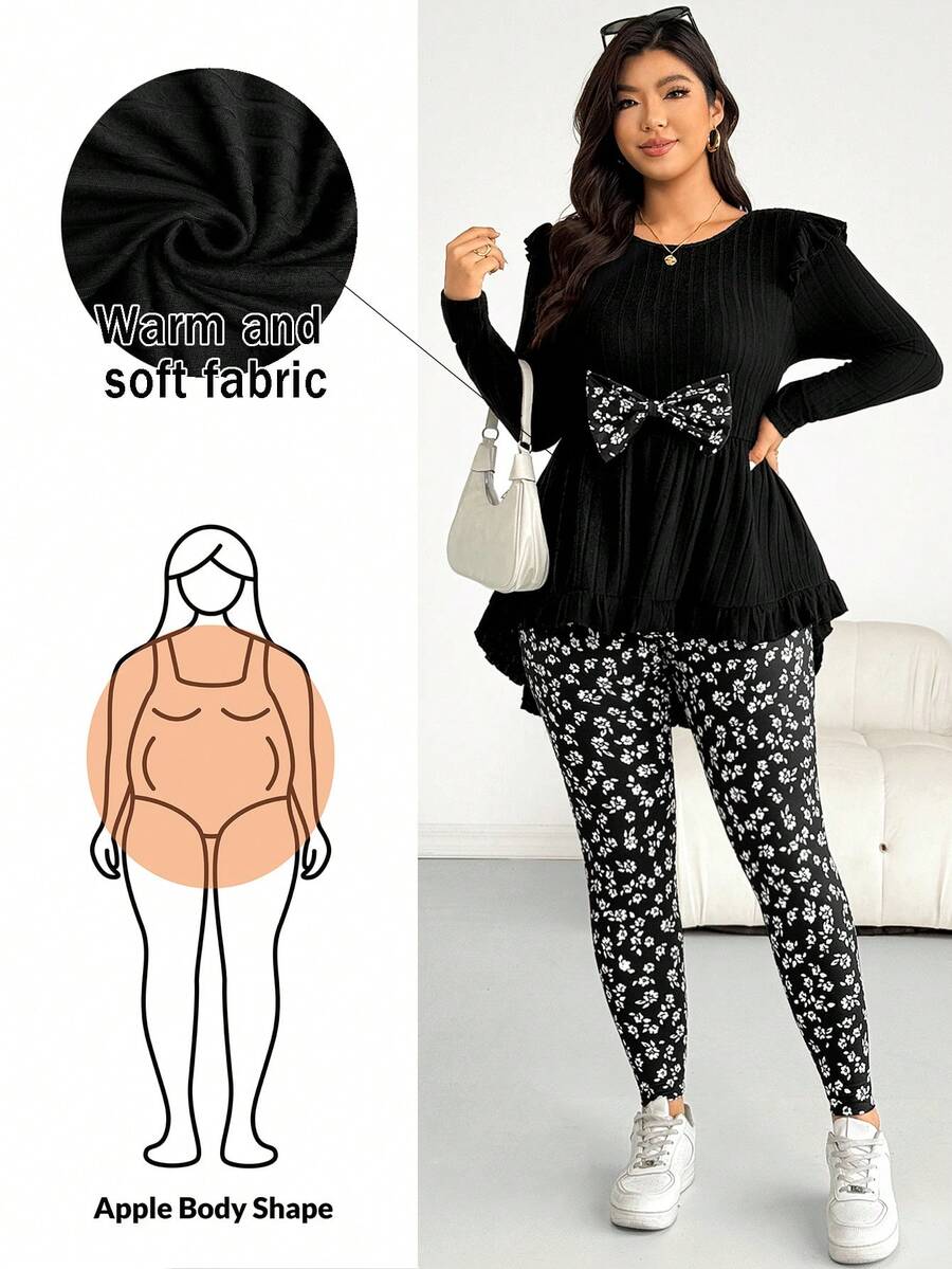 Shapeblank Plus-Size Women's/Fashion Casual Stretchy Comfortable Everyday Slimming Bow-Tie Black Waist-Cinching Long-Sleeved Top And Black And White Floral Print Leggings Two Pieces Set Outfits,Curve Cute Clothes,Pants Set Spring Slim Fit Set For Women - Black - View 1