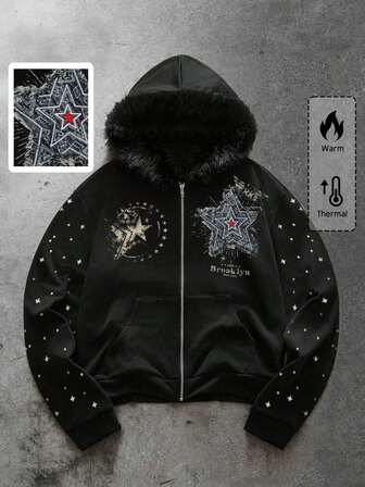 Street Life Sweat-shirt-shirt à capuche avec bordure en fourrure imprimé étoiles pour hommes, automne/hiver, Top à manches longues