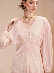 Revavyn Revavyn Đầm dài dáng chữ A phối ren lãng mạn dành cho nữ, phong cách Bohemian, thích hợp cho hẹn hò và đi chơi, mùa xuân/thu. - Hồng - Xem 2