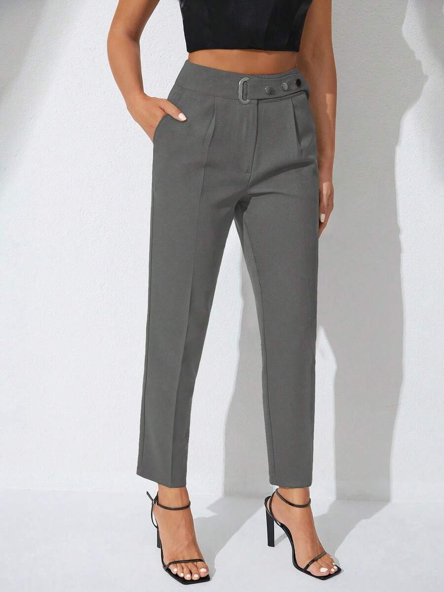 SHEIN Cottnline Side Pocket With Belt Trousers - Dark Grey - View 1
