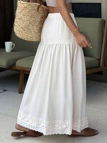 DAZY Chân váy nữ kiểu dáng thường ngày, thoải mái, màu trơn, cạp chun, phối ren tương phản, thích hợp cho kỳ nghỉ xuân/hè. - Màu be - Xem 4