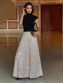 DAZY High Neck Cinched Waist Sequin Embellished Midi Dress For Women Sparkly Dress Sundress - Silver - View 3