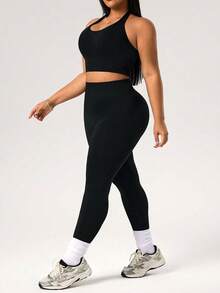 Rhythm Era 女士加大码无缝运动套装，黑色露背背心和七分紧身裤，适合瑜伽、健身和户外活动。 - 黑色 - 查看 5