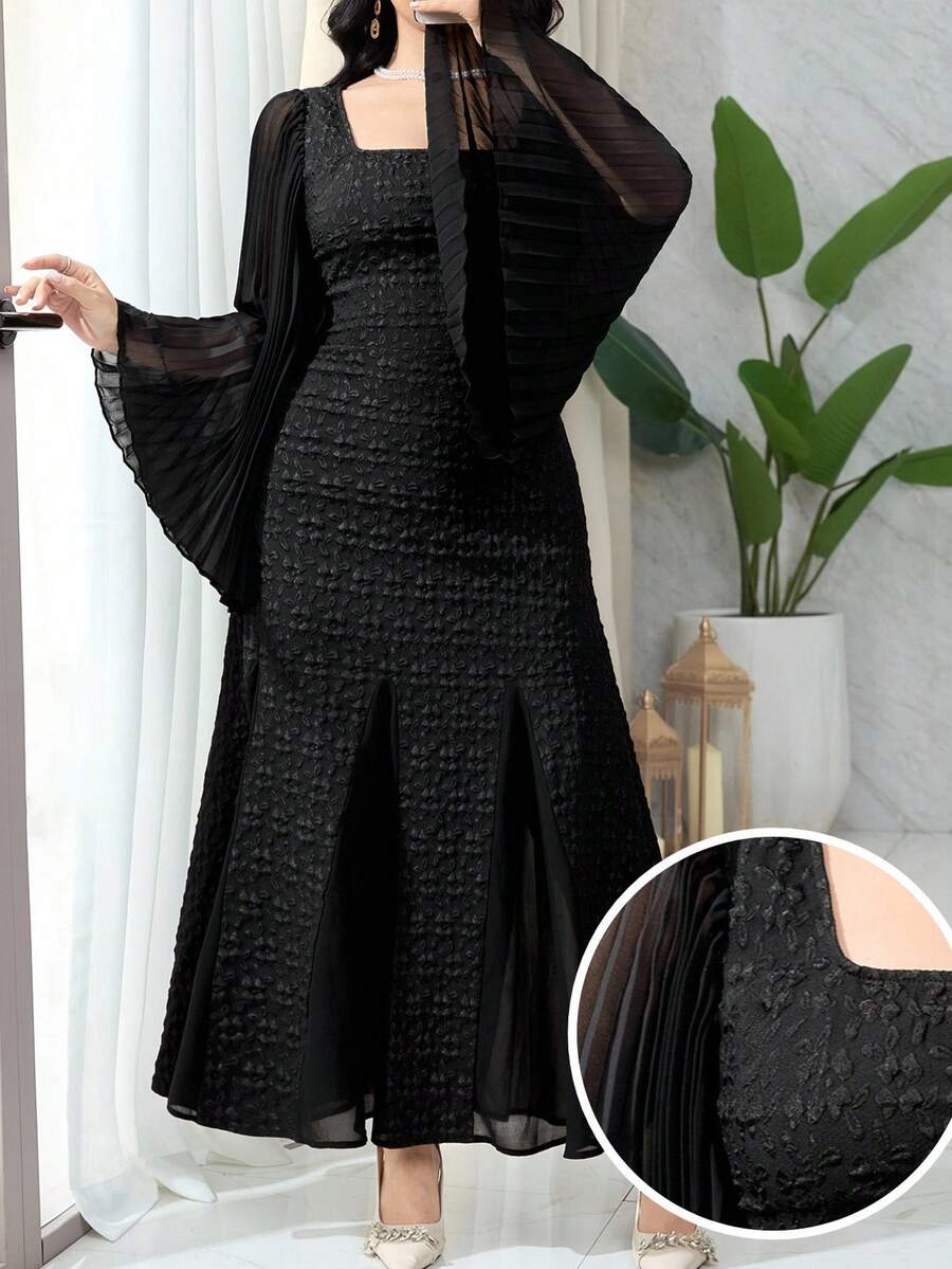 Feyla Women's Solid Color Minimalist Elegant Long Sleeve Square Neck Dress, Casual Everyday Wear Dinner Black Autumn - Black - View 1