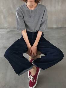 FRIFUL 女士休闲日常通勤简约纯色纹理面料半开襟宽松T恤，夏季 - 灰色 - 查看 5