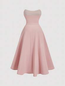 SHEIN MOD Đầm cúp ngực màu hồng họa tiết hoa 3D xếp ly, dáng xòe, không dây vai, dành cho nữ cỡ lớn, thích hợp cho sinh nhật, tiệc tùng, kỳ nghỉ lãng mạn. - Màu Hồng baby - Xem 2