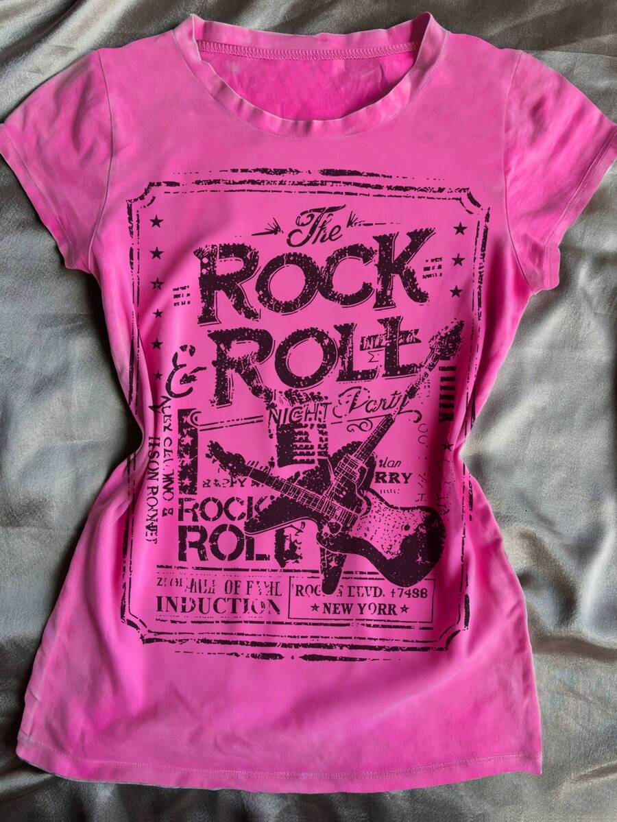 Glimmora Women's Casual Guitar Letter Print T-Shirt, Summer - Hot Pink - View 1