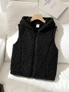 SHEIN Tween Girl 休闲街头时尚舒适双面羊毛拉链连帽短款无袖夹克，黑色