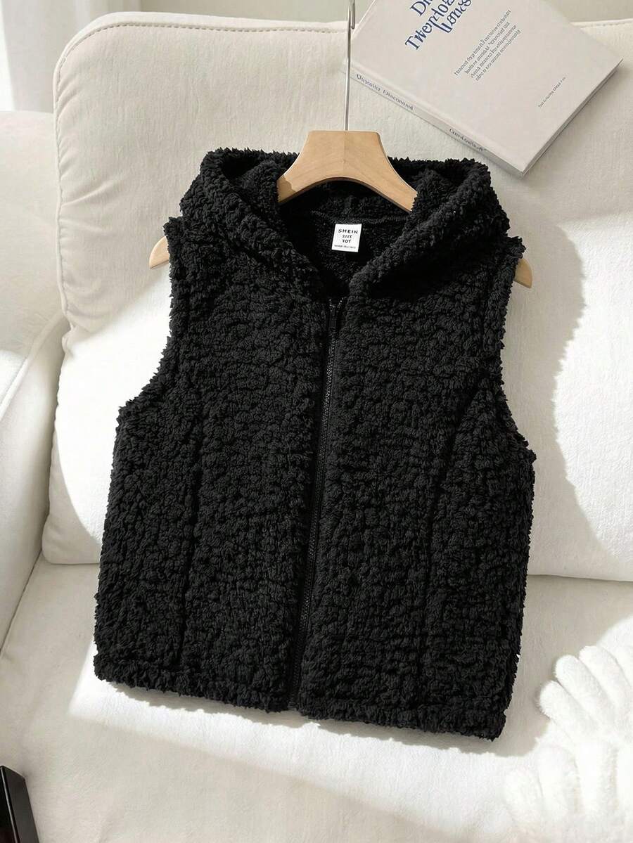 SHEIN Tween Girl 休闲街头时尚舒适双面羊毛拉链连帽短款无袖夹克，黑色