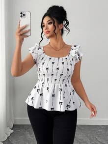 Elenzga Plus Size Women's Semiria Style Butterfly Print Layered Ruffle Backless Blouse,  Day - Multicolor - View 8