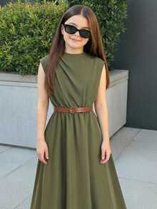 Firerie Kids Firerie Kids Tween Girl Casual Chic Commuter Stand Collar Ruffle Trim Belt Waist A-Line Dress, Military Green - Army Green - View 8