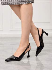 Sleekvia 女士尖头高跟鞋，黑色豹纹搭扣露跟高跟鞋，简约通勤日常办公鞋 - 黑色 - 查看 1