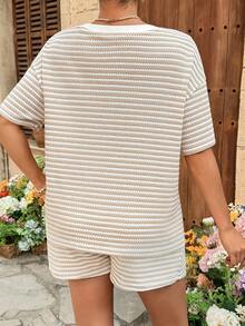 Lyckli 2pcs Maternity Striped Round Neck Drop Shoulder T-Shirt And Drawstring Waist Shorts Casual Set Summer  Two Piece Set Women Comfy Comfortable Two Piece Set Women Short Sets - Apricot - View 2