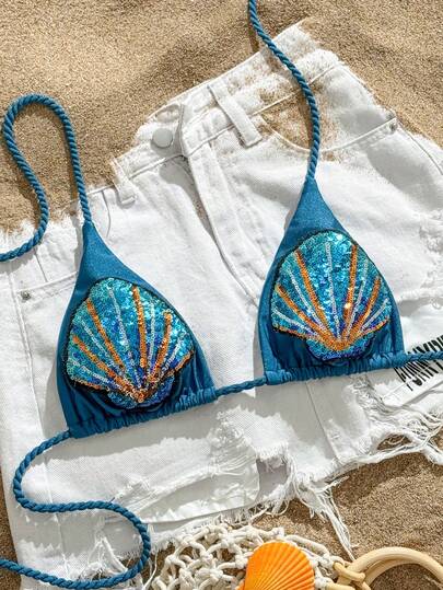 Swim Vcay 女士夏季少女风泳装金属面料贝壳印花亮片装饰比基尼上衣