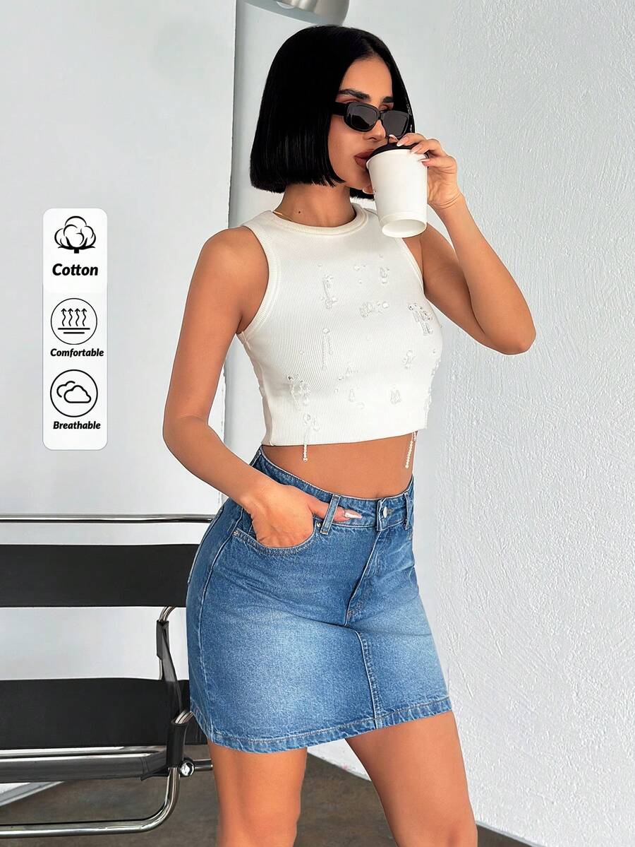 EURMUSE 女士休闲日常水洗牛仔不对称口袋A字裙，夏季 - 中等水洗藍 - 查看 1