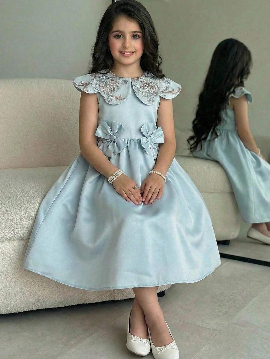 SHEIN Tween Girl Elegant Round Neck Bow Decor Ruffle Hem Sleeveless Dress - Multicolor - View 1