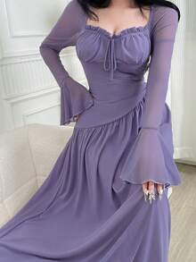 SHEIN 孕妇纯色褶皱心形领喇叭袖前系带优雅连衣裙 - 紫色 - 查看 8