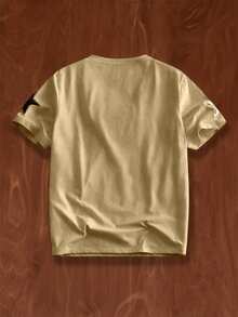 AKNOTIC 男士休闲针织刺绣五角星插肩短袖T恤，适合日常穿着 - 卡其色 - 查看 2