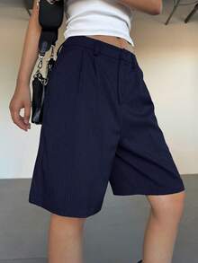 SHEIN EZwear 女士条纹口袋休闲百慕大短裤 - 藏蓝色 - 查看 3