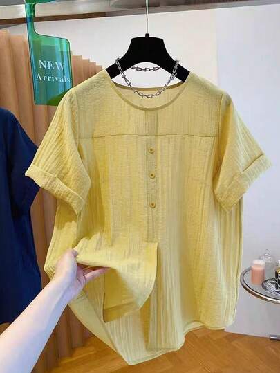 Nubod 2026 Spring Plus Size Women's Fashionable Casual Versatile Simple Yellow Round Neck Women's Shirt Pullover With Matching Button Design Suitable For Spring Outfits