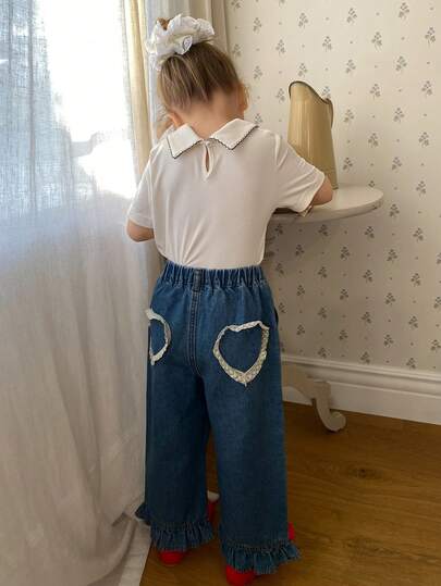 DAZY Young Girl' Vintage Denim Jeans With Collar, Heart & Ruffle Trim, Korean Style