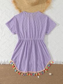 少女V领短袖刺绣烂花图案夏季透明沙滩罩衫，带流苏装饰 - 紫色 - 查看 2