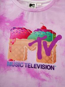 MTV | SHEIN Young Girl Summer Street Style Casual Tie-Dye Ice Cream Letter Graphic Round Neck Short Sleeve T-Shirt - Multicolor - View 5