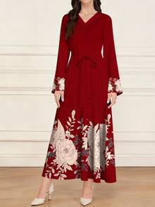 SHEIN Najma 女士杏色花卉印花V领长袖优雅阿拉伯风格长款连衣裙，春季 - 彩色 - 查看 3