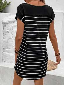 SHEIN Frenchy Striped Print Botton Short Batwing Sleeve Tee Dress,Black Dress For Women - Black - View 2