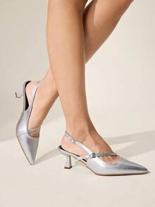 CUCCOO CHICEST 女士尖头搭扣设计时尚高跟鞋，适合日常穿着 - 銀色 - 查看 3