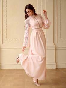 ZEYLAH Elegant Romantic Lace Patchwork Flare Sleeve Fitted A-Line Dress, Spring/Summer - Coral Pink - View 5