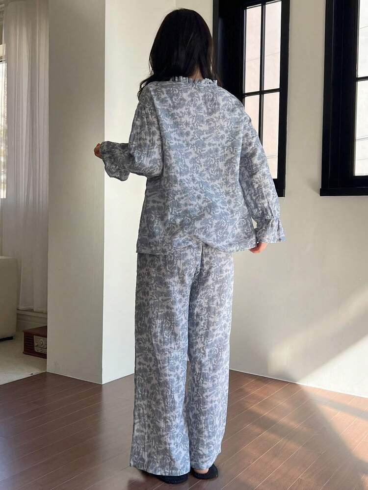 Dreamy Elegant Floral All-Over Print Frill Trim Tie Neck Loose Women Pajama Set