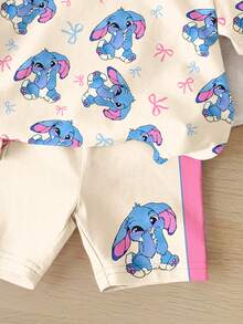 SHEIN Cream White, Cute Cartoon Blue Rabbit Stitch Pattern, Pink Contrast Trim, Young Girl Casual Loose Short Sleeve Round Neck T-Shirt And Shorts Legging 2-Piece Set, Suitable For Spring/Summer Daily, Home, Campus, Spring & Summer Outfits For Outing, Sets For Girls, Stylish Kids, Casual Wear, Kids Cartoon Animal Graphic Clothes, Spring & Summer Fashion, Spring & Summer Clothes, Girls Summer Outfits - Multicolor - View 5