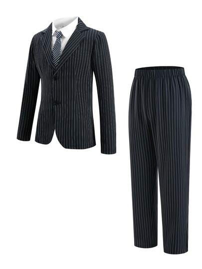 SHEIN Set de 2 piezas Chaqueta de blazer de manga larga con cuello y pantalón de pierna recta casual para adolescentes, traje minimalista clásico a rayas de caballero, adecuado para Navidad, hogar, viajes, escuela, uso diario casual, al aire libre, fiestas, otoño/invierno, primavera y verano