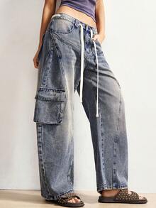 Bohemela 女士多段式多口袋腰带抽绳前拉链牛仔裤，适合春夏度假穿着，春季女装，女士裤装，春季黑色牛仔裤 - 深灰色 - 查看 2