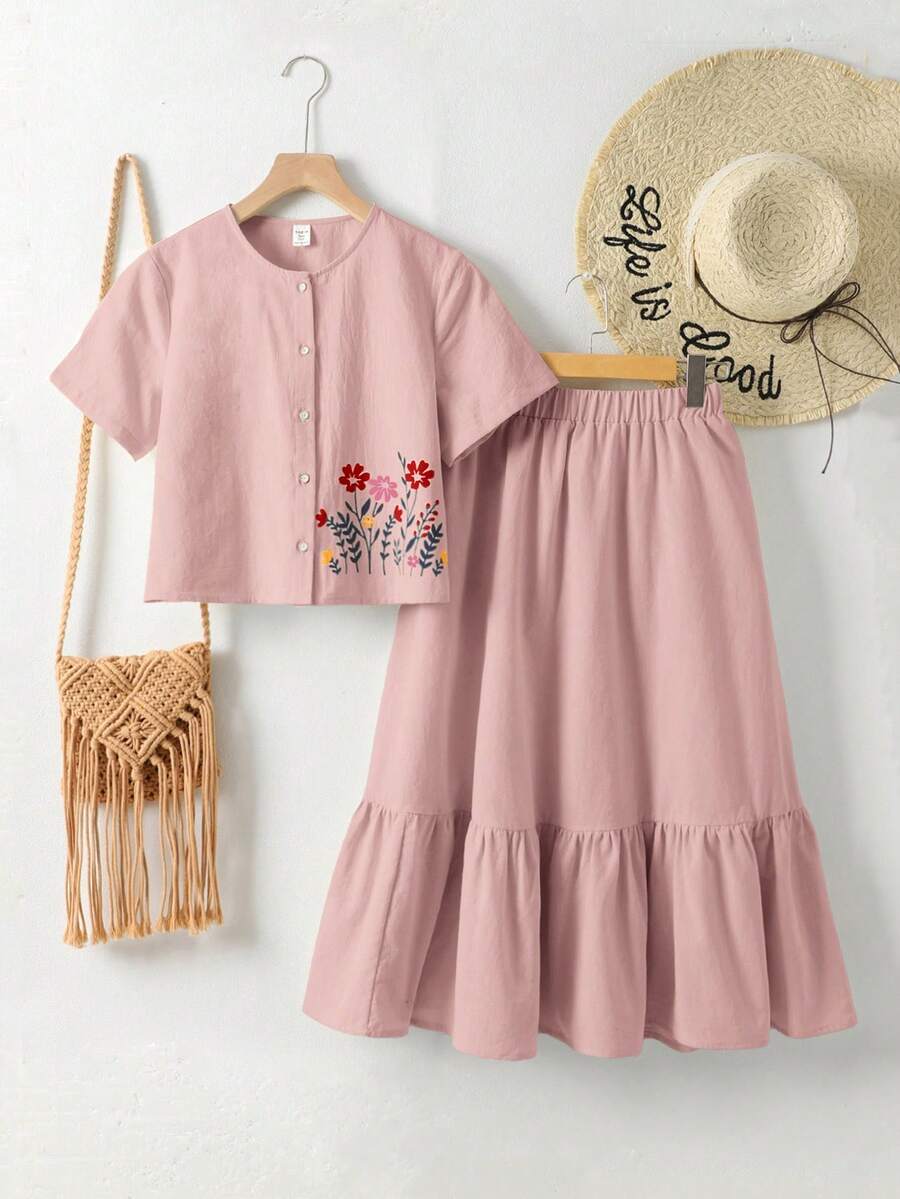 SHEIN 少女粉色花卉印花短袖衬衫搭配裙子，田园风与假日风情 - 粉色 - 查看 1