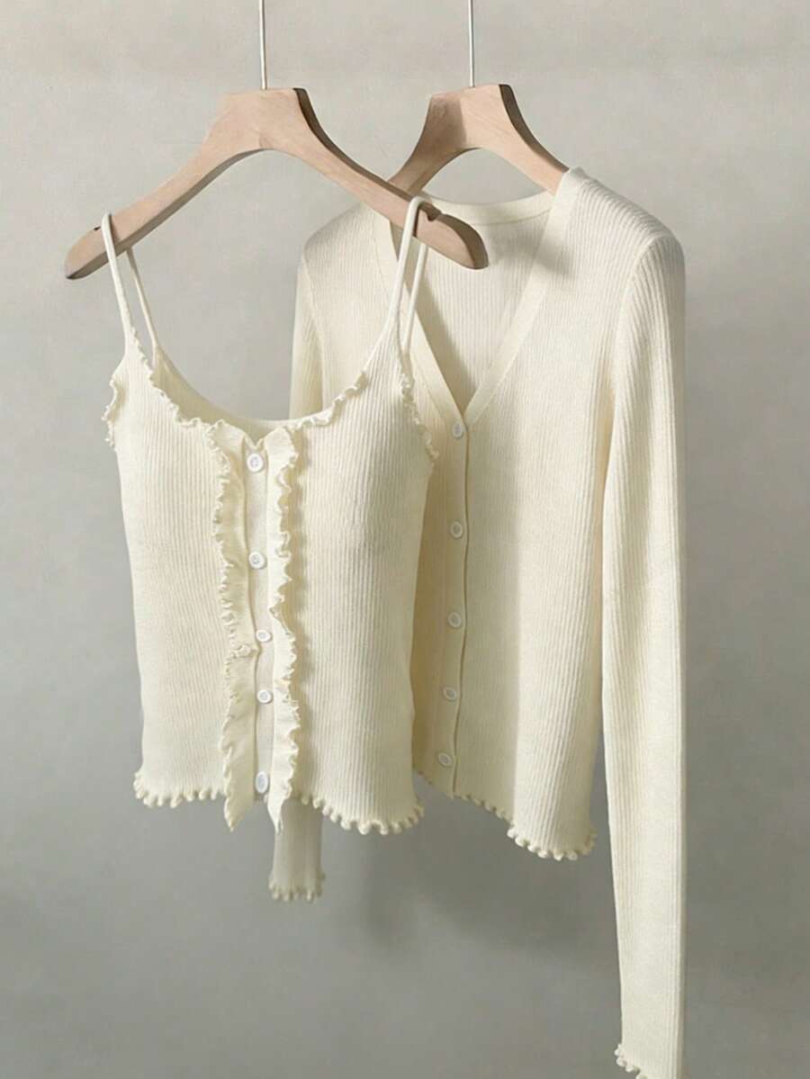 FRIFUL 两件套女士纯色荷叶边休闲舒适罗纹针织毛衣套装 春季 - 米色 - 查看 1