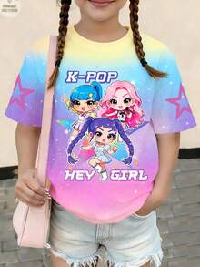 1pc Young Girl Cute Kpop Girl Print Pink Short Sleeve Top, Loose Fit ...