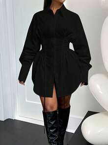 Veslaya 秋冬新款女装，音乐节万圣节服装，生日礼服，日常休闲，度假，邮轮旅行，海滩，日光浴，热门单品，白色长袖泡泡袖纯色通勤街头风鱼骨抽绳腰A字设计大码婚礼宾客礼服束身衬衫黑色灯笼袖衬衫 - 黑色 - 查看 8