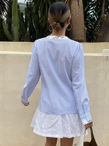 DAZY Women's Casual Sequin Patchwork Striped Round Neck Blouse, Spring/Summer - Blue - View 2