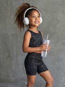 SHEIN Conjunto deportivo de top sin mangas de cuello redondo y shorts para niña, adecuado para juego activo, entrenamiento ligero y actividades diarias - Negro - Ver 4