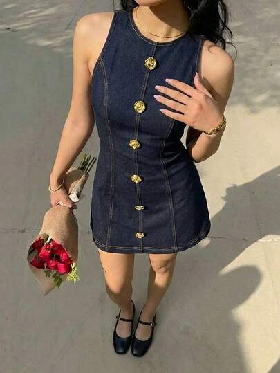 Avantive Vestido de mezclilla azul con botones de metal, vestidos de verano para mujeres, ropa nueva de año, vestido de fiesta, vestido elegante, vestido de vacaciones