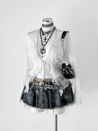 Sunspun Plus Size Vintage Sexy Lace Blouse V-Neck Tie Floral Splice Flare Sleeve Slim Fit Sheer Top