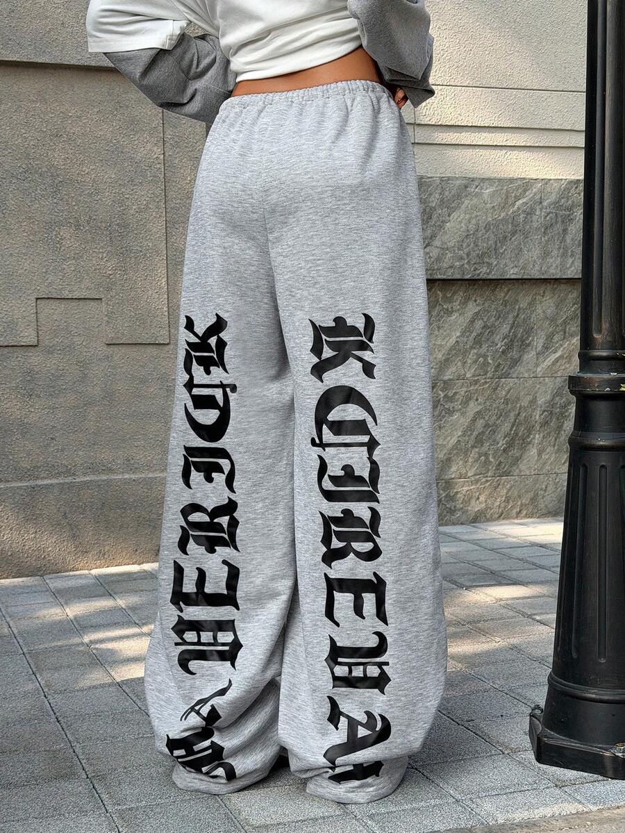 Muchica Y2k Clothing Women's Letter Print Drawstring Waist Casual Loose Fit Wide Leg Sweatpants - Grey - View 1