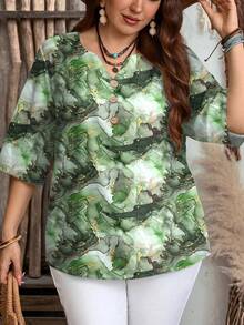 Mellowie 大码女式休闲简约大理石纹短袖衬衫，适合夏季穿着 - 彩色 - 查看 4