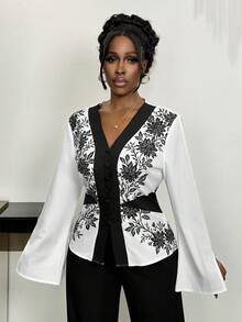 Xyvia قميص نسائي أنيق وعتيق بطبعة زهرية خفيف الوزن بتصميم أبيض وأسود مناسب للعمل والمواعيد في الربيع والصيف - أبيض وأسود - مشاهدة 6